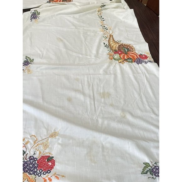 VTG Tablecloth & Napkins Fall Harvest Pumpkins Fruit Mushrooms Hand Embroidered - Picture 6 of 12